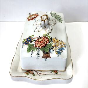 Vintage Floral Covered Cheese Keeper Butter Dish Gold Trim